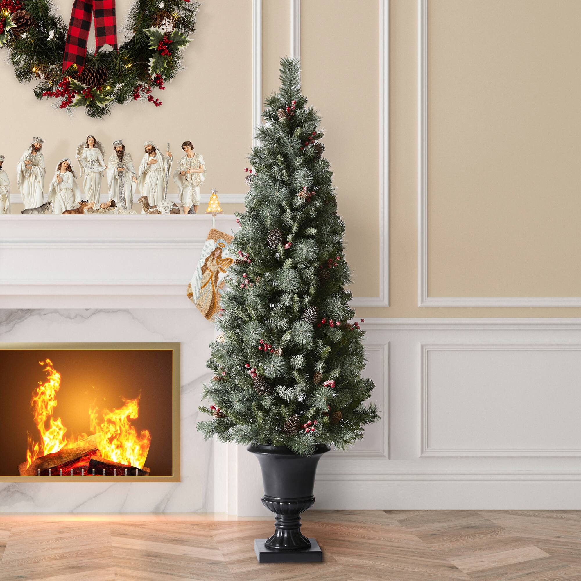 6ft. Pre-Lit Frosted Pinecones & Red Berries Artificial Christmas Porch Tree, Warm White LED Lights